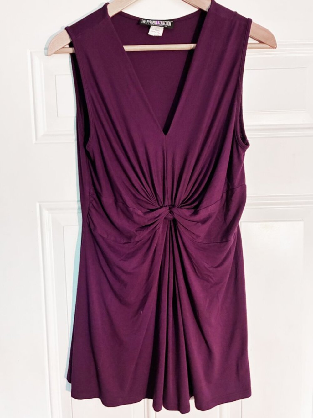 Pyramid Collection Twist-Front Tunic Top (Eggplant)